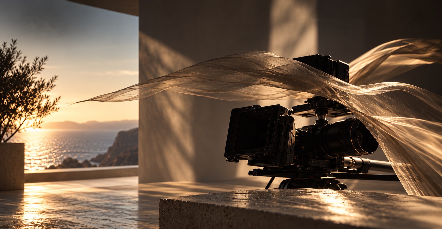 Caméra cinéma posée sur un muret de pierre, un voile soulevé par le vent, coucher de soleil sur la mer